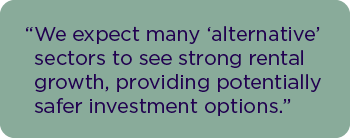 We expect many ‘alternative’ sectors to see strong rental growth, providing potentially safer investment options.