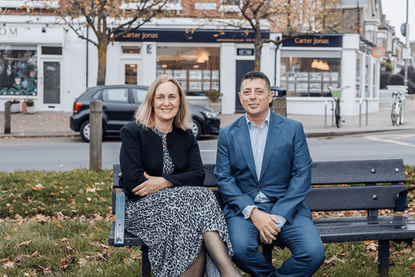 Lisa Simon and Dominic Bruneau outside Carter Jonas' Wandsworth office